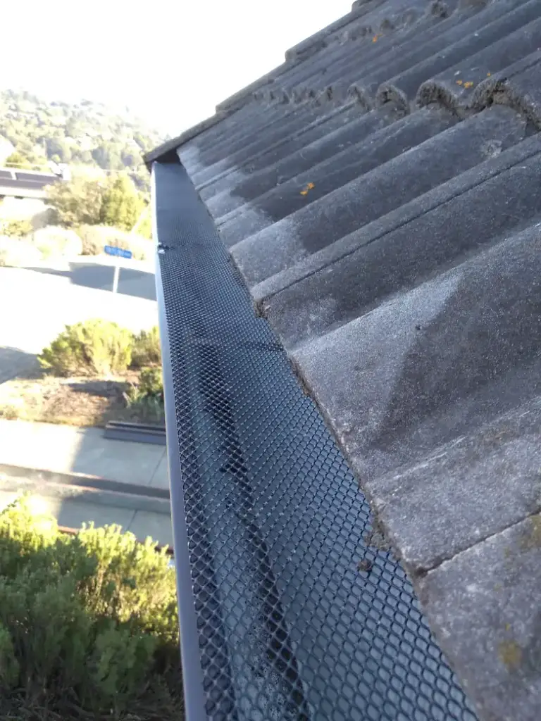 Black gutter guard on a dark gutter along a tile roof above a road
