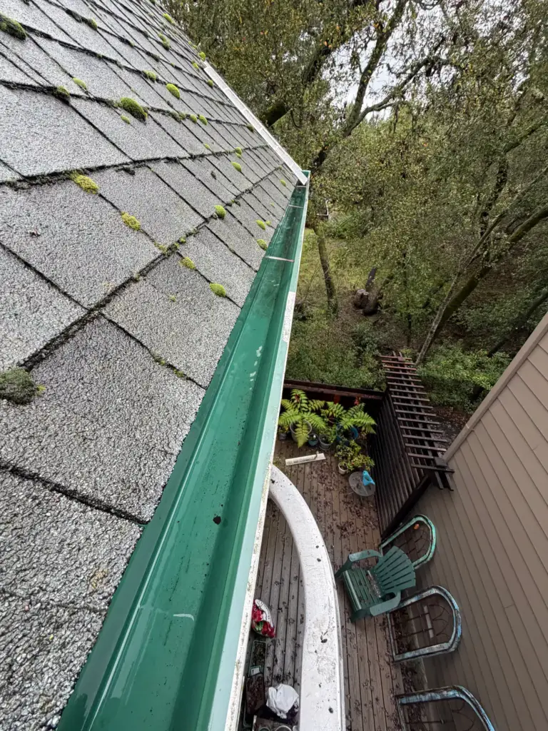 Green-painted gutter cleaned out along a shingle roof above a patio
