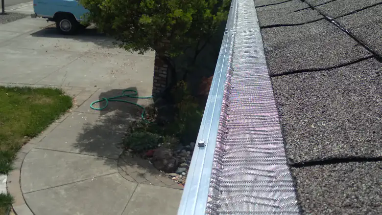Metal mesh gutter guard on a gutter above a driveway and front walk