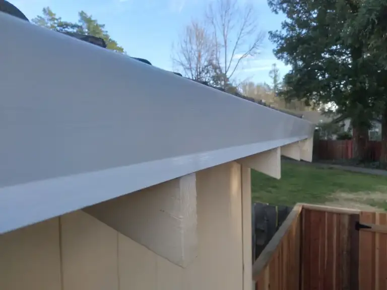 New white gutter running along a fascia board above a backyard and wood fence