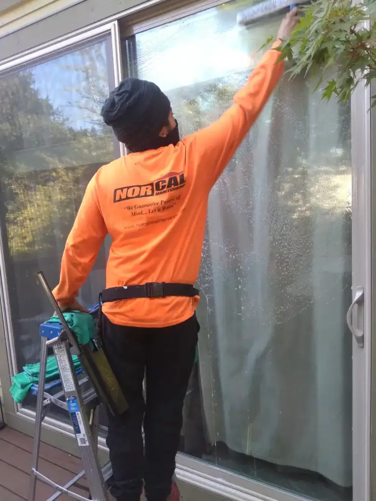 Nor-Cal tech in an orange company shirt cleaning a sliding glass door from a ladder