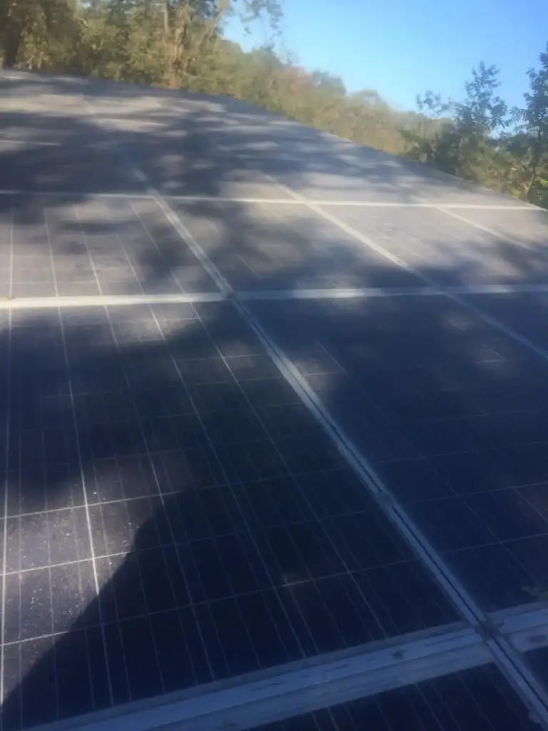 Close-up of solar panels on a roof with trees reflected in the glass